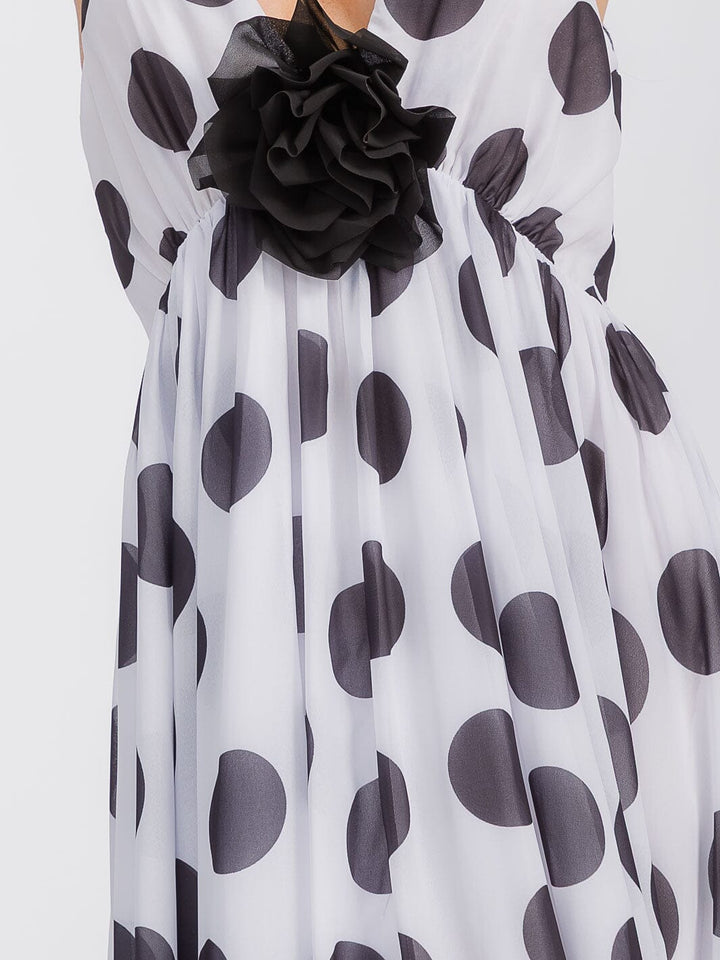 WOMEN'S SLEEVELESS OPEN BACK FLOWER DETAILED POLKA DOTS MAXI DRESS