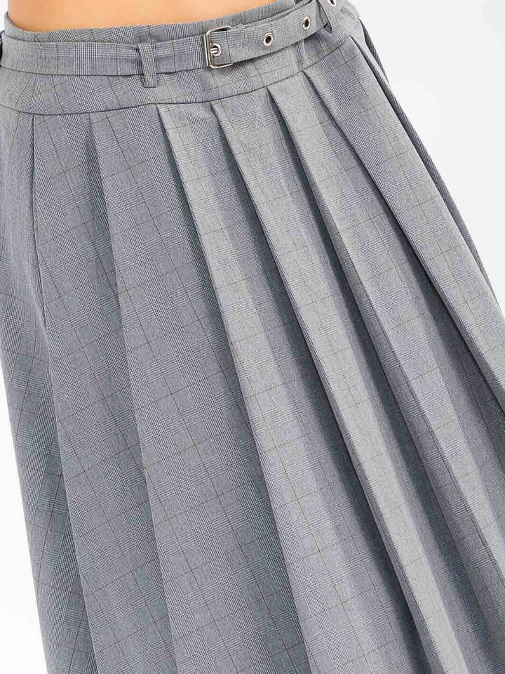 WOMEN'S ZIPPER CLOSURE BELTED PLEATED MIDI SKIRT