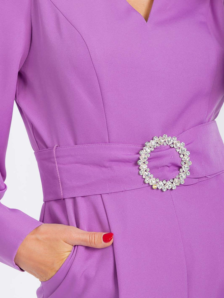 WOMEN'S LONG SLEEVE POCKETS CUT OUT BELTED WIDE LEG JUMPSUIT