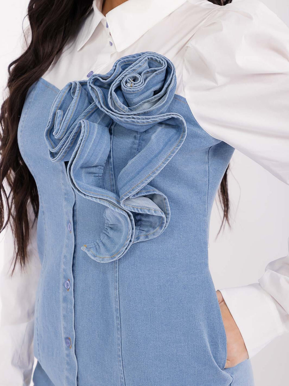 WOMEN'S LONG SLEEVE BUTTON UP FRONT POCKETS BODYCON DENIM CONTRAST MINI DRESS