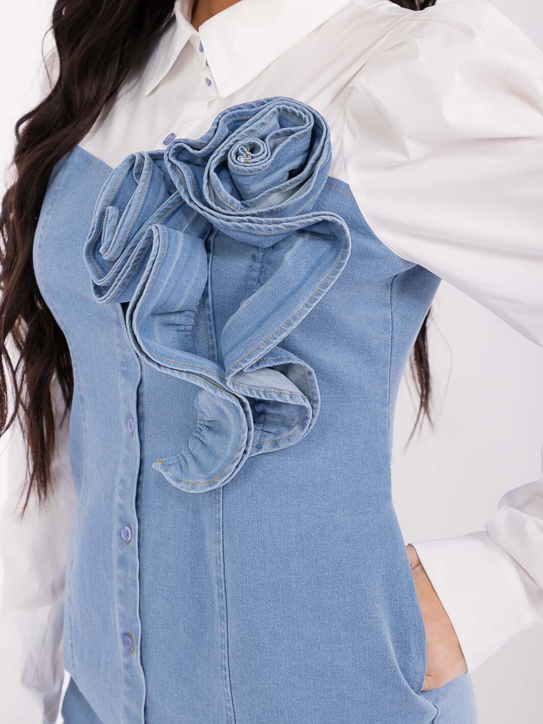 WOMEN'S LONG SLEEVE BUTTON UP FRONT POCKETS BODYCON DENIM CONTRAST MINI DRESS