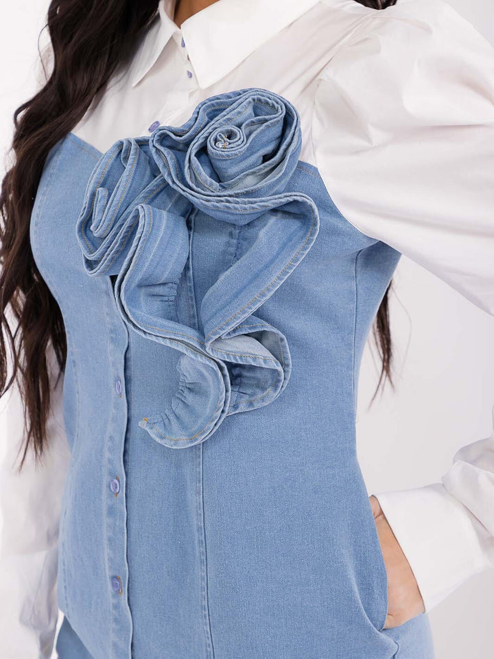 WOMEN'S LONG SLEEVE BUTTON UP FRONT POCKETS BODYCON DENIM CONTRAST MINI DRESS