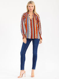 WOMEN'S LONG SLEEVE BUTTON UP V-NECK MULTI PRINT BLOUSE