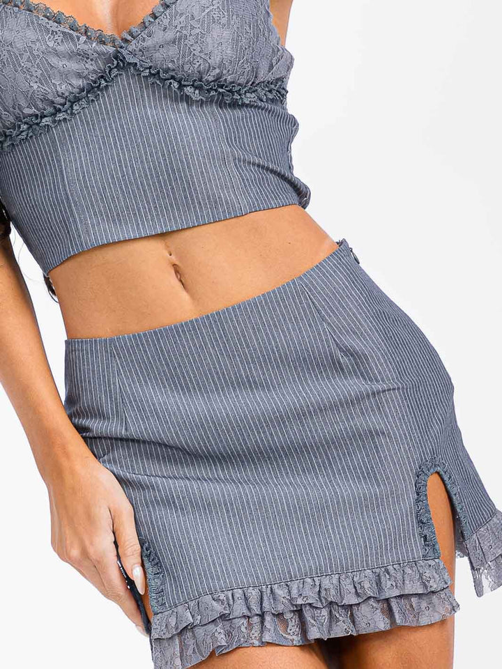 WOMEN'S SLEEVELESS SMOCK TOP & RUFFLE SLIT MINI SKIRT STRIPES 2PC. SET