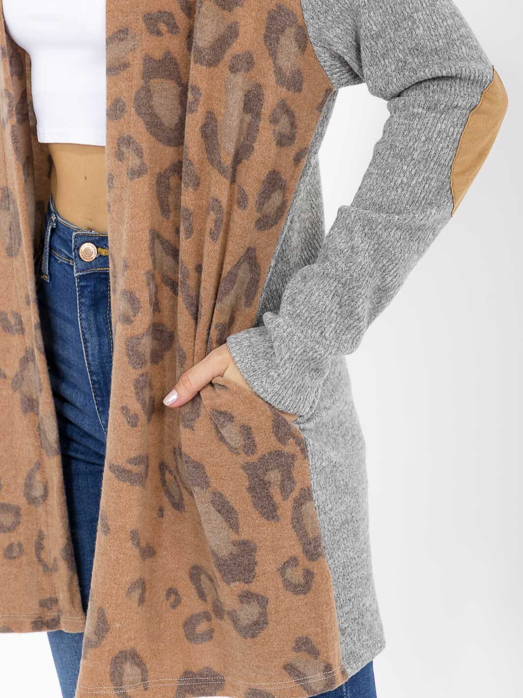 WOMEN'S LONG SLEEVE POCKETS OPEN FRONT ANIMAL PRINT CARDIGAN