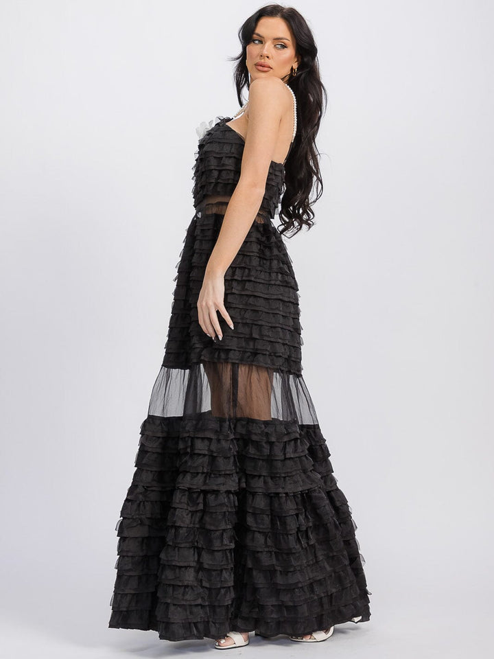 WOMEN'S SLEEVELESS RUFFLE TIERED FLOWER DETAILED MAXI DRESS