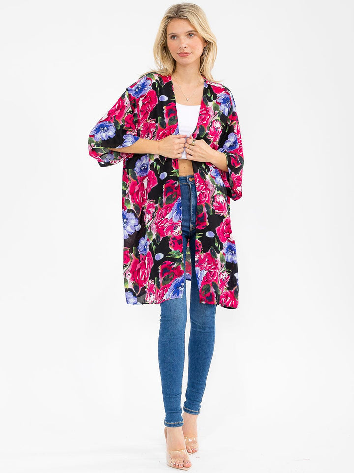 WOMEN'S SHORT SLEEVE OPEN FRONT FLORAL PRINT CARDIGAN