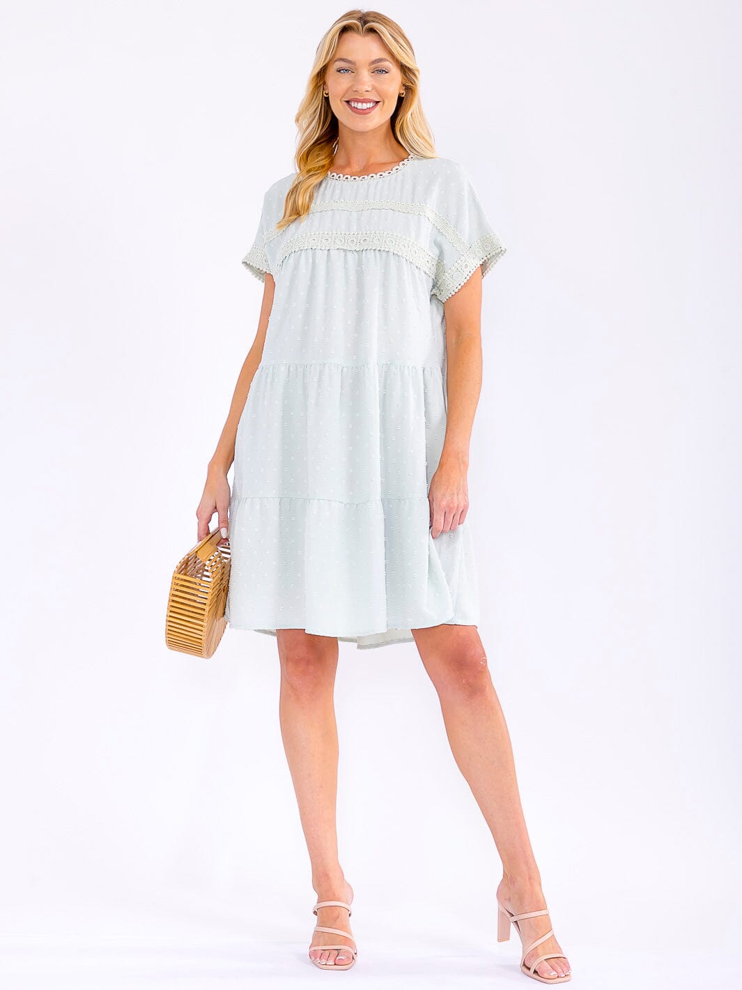 WOMEN'S SHORT SLEEVE LOOSE FIT TRIM DETAILED SWISS MINI DRESS