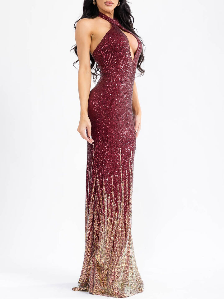 WOMEN'S SLEEVELESS CUT OUT HALTER NECK MULTI SEQUINS BODYCON MAXI DRESS