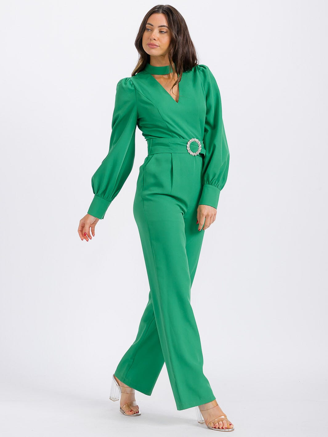 WOMEN'S LONG SLEEVE POCKETS CUT OUT BELTED WIDE LEG JUMPSUIT
