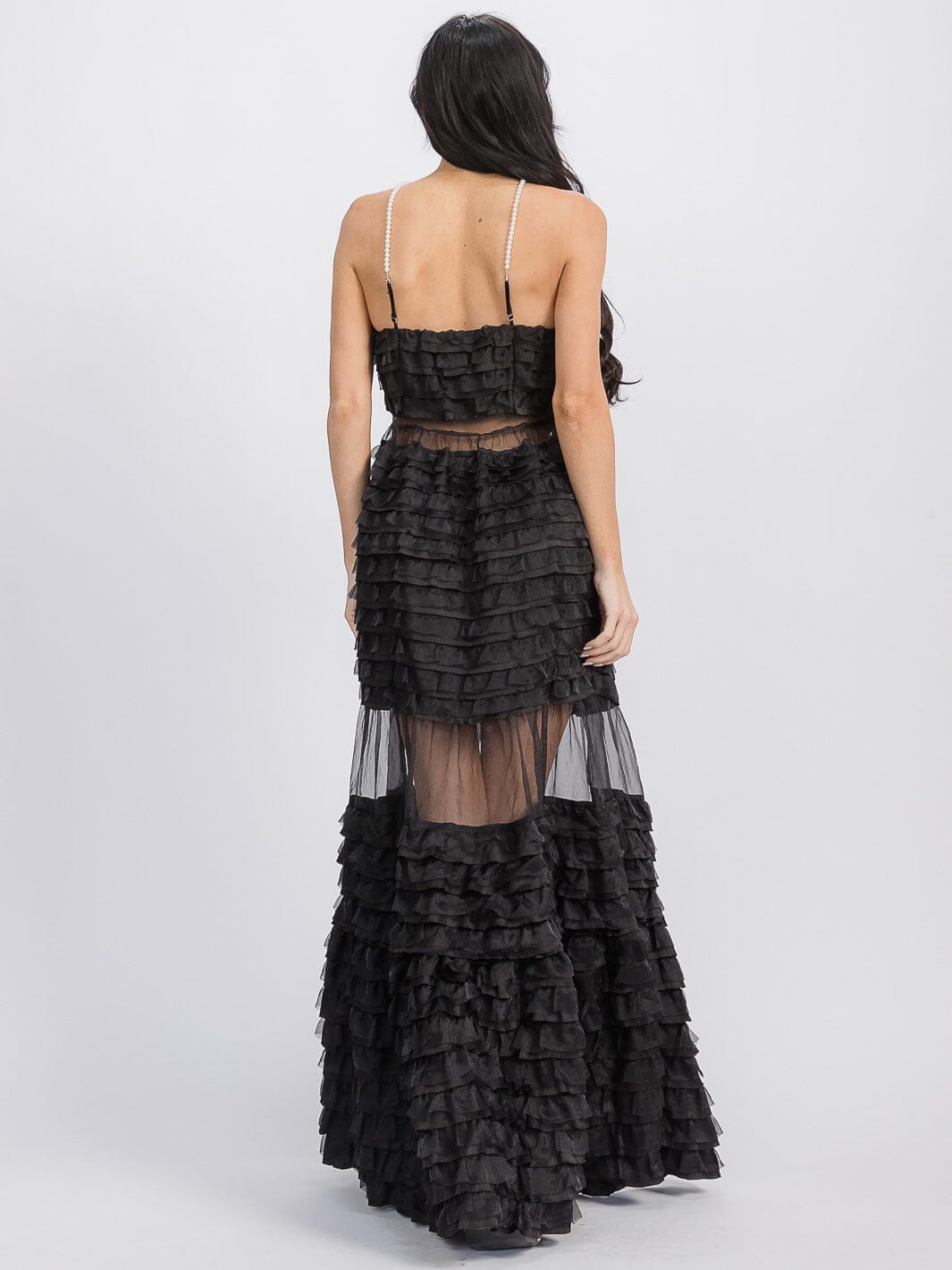 WOMEN'S SLEEVELESS RUFFLE TIERED FLOWER DETAILED MAXI DRESS