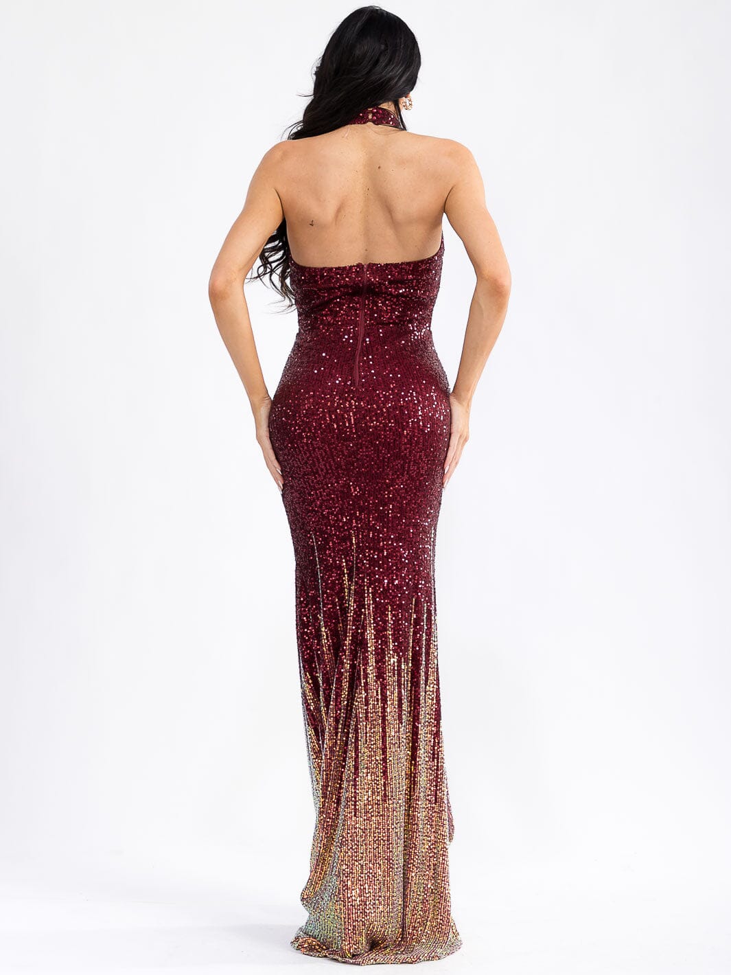 WOMEN'S SLEEVELESS CUT OUT HALTER NECK MULTI SEQUINS BODYCON MAXI DRESS