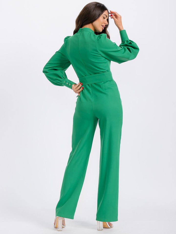 WOMEN'S LONG SLEEVE POCKETS CUT OUT BELTED WIDE LEG JUMPSUIT