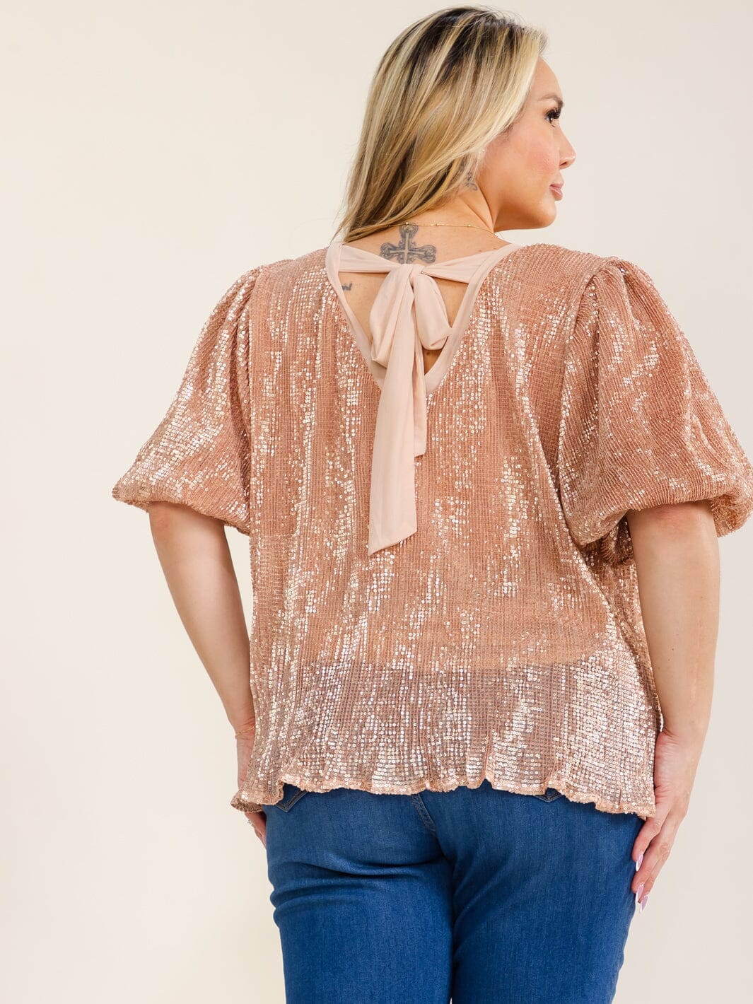 ENTRO PLUS SIZE SHORT PUFF SLEEVE SEQUINS BLOUSE