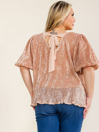 ENTRO PLUS SIZE SHORT PUFF SLEEVE SEQUINS BLOUSE