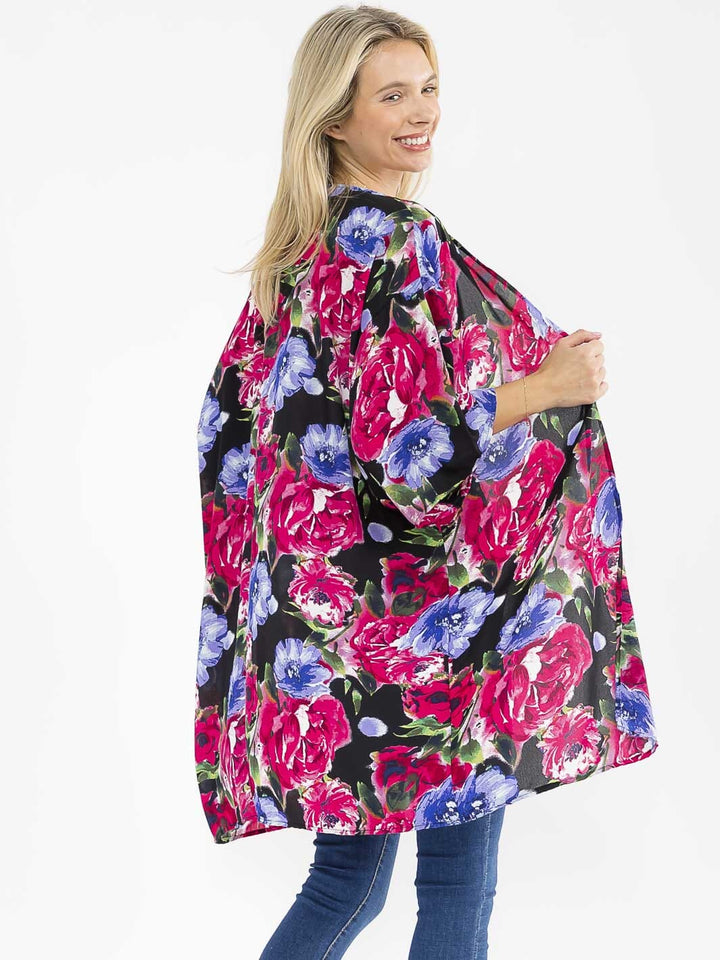 WOMEN'S SHORT SLEEVE OPEN FRONT FLORAL PRINT CARDIGAN