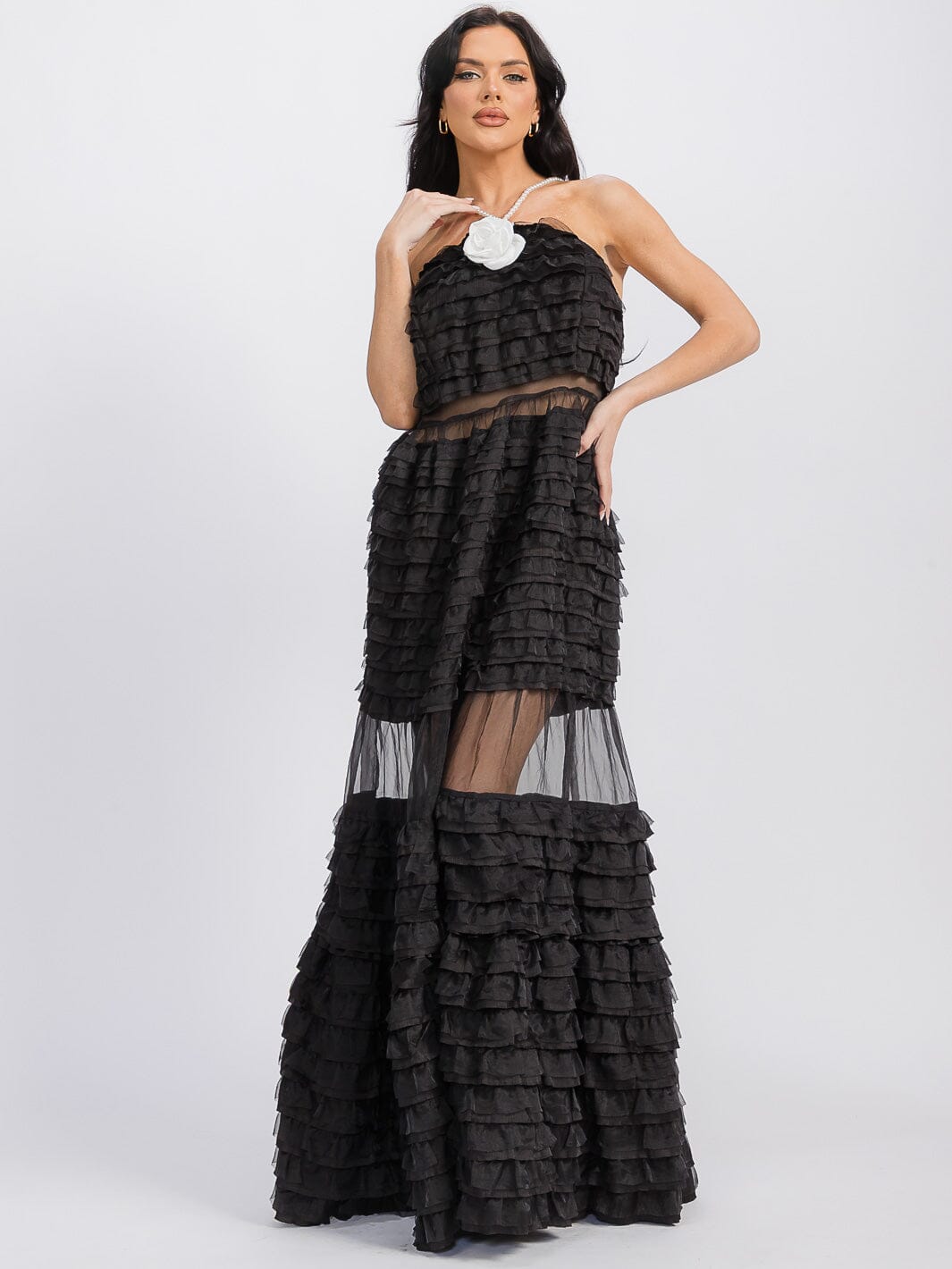 WOMEN'S SLEEVELESS RUFFLE TIERED FLOWER DETAILED MAXI DRESS