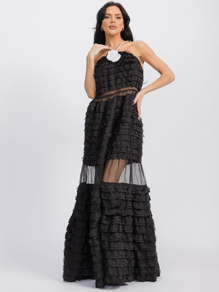 WOMEN'S SLEEVELESS RUFFLE TIERED FLOWER DETAILED MAXI DRESS