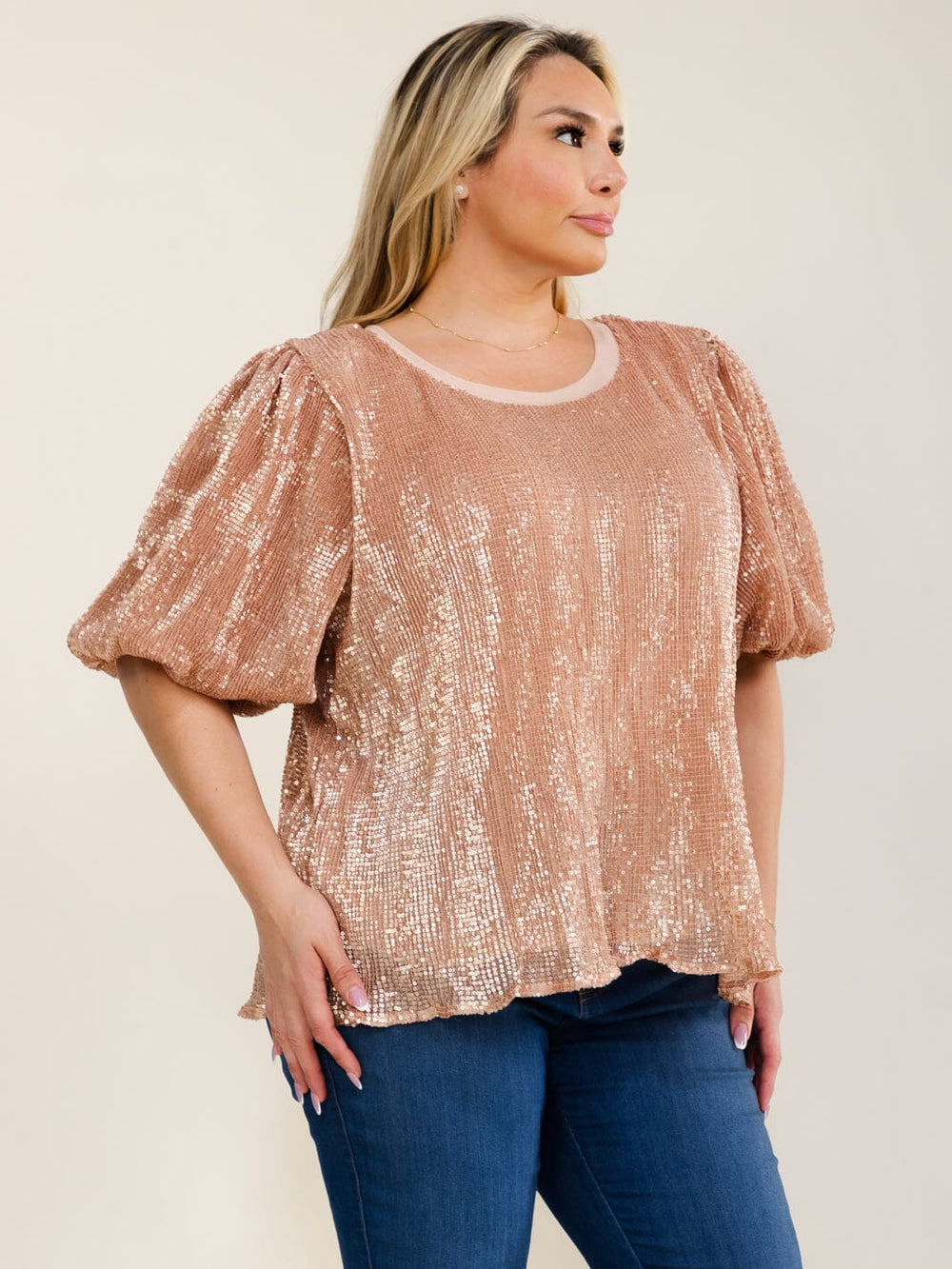 ENTRO PLUS SIZE SHORT PUFF SLEEVE SEQUINS BLOUSE