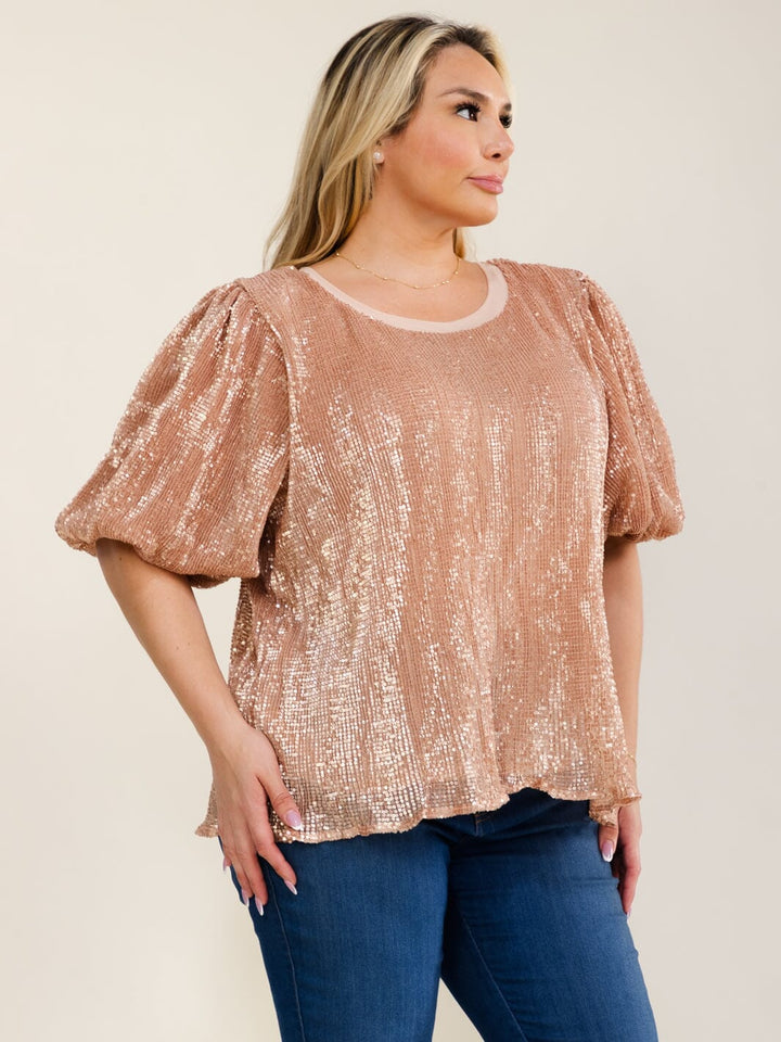 ENTRO PLUS SIZE SHORT PUFF SLEEVE SEQUINS BLOUSE