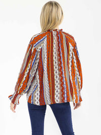 WOMEN'S LONG SLEEVE BUTTON UP V-NECK MULTI PRINT BLOUSE
