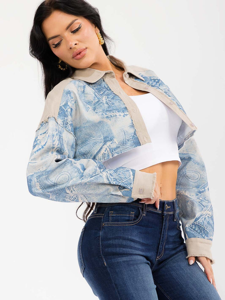 WOMEN'S LONG SLEEVE BUTTON CLOSURE FRONT POCKETS DENIM PRINT CROP JACKET