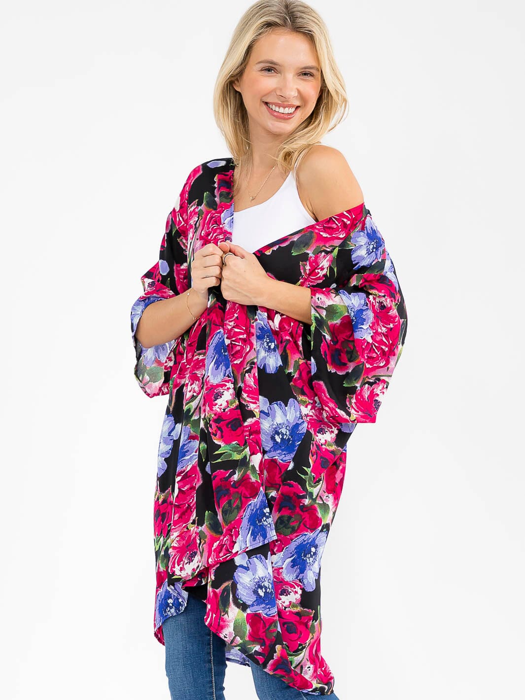WOMEN'S SHORT SLEEVE OPEN FRONT FLORAL PRINT CARDIGAN