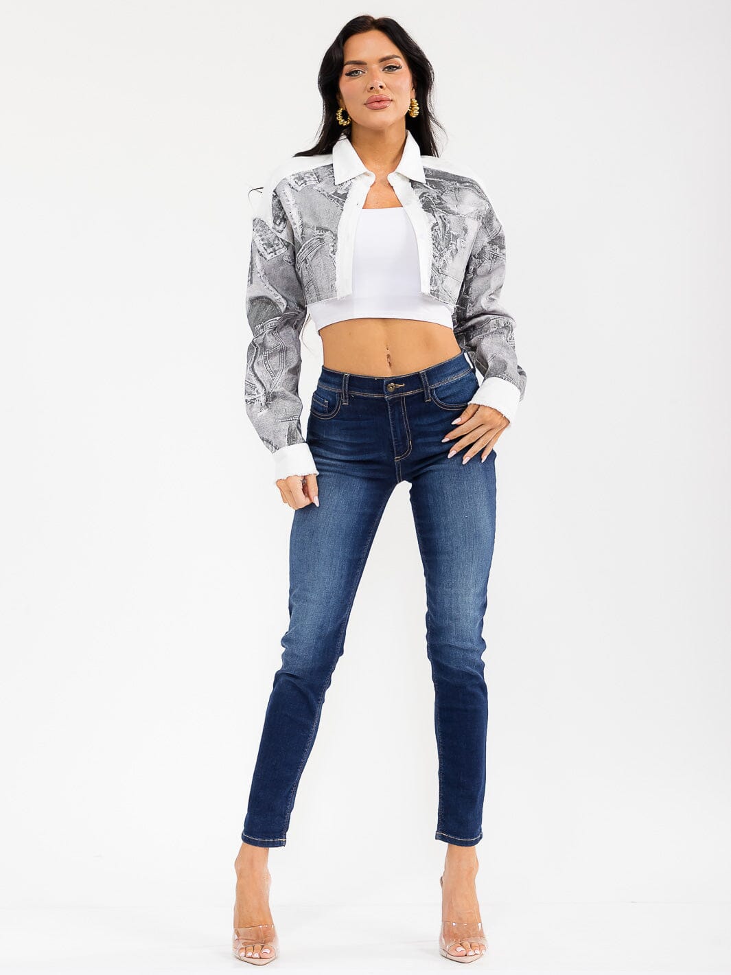 WOMEN'S LONG SLEEVE BUTTON CLOSURE FRONT POCKETS DENIM PRINT CROP JACKET