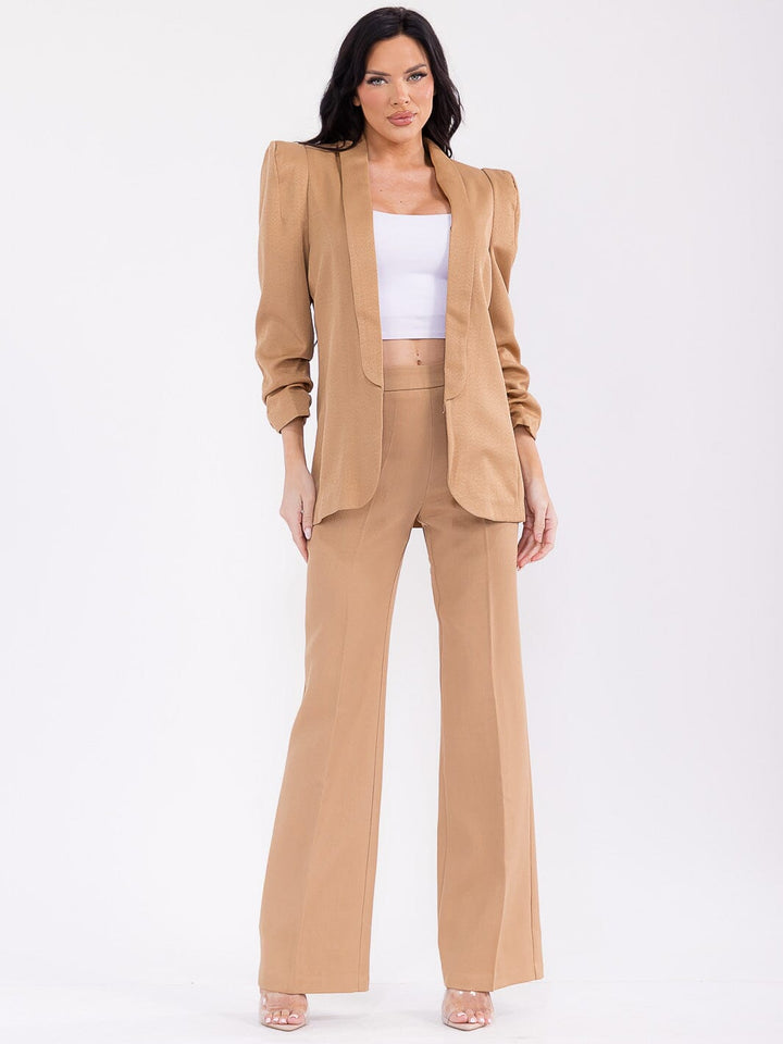 WOMEN'S LONG RUCHED SLEEVE OPEN FRONT BLAZER