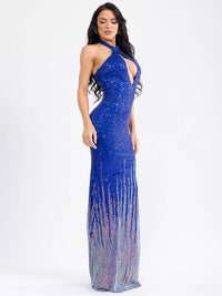 WOMEN'S SLEEVELESS CUT OUT HALTER NECK MULTI SEQUINS BODYCON MAXI DRESS