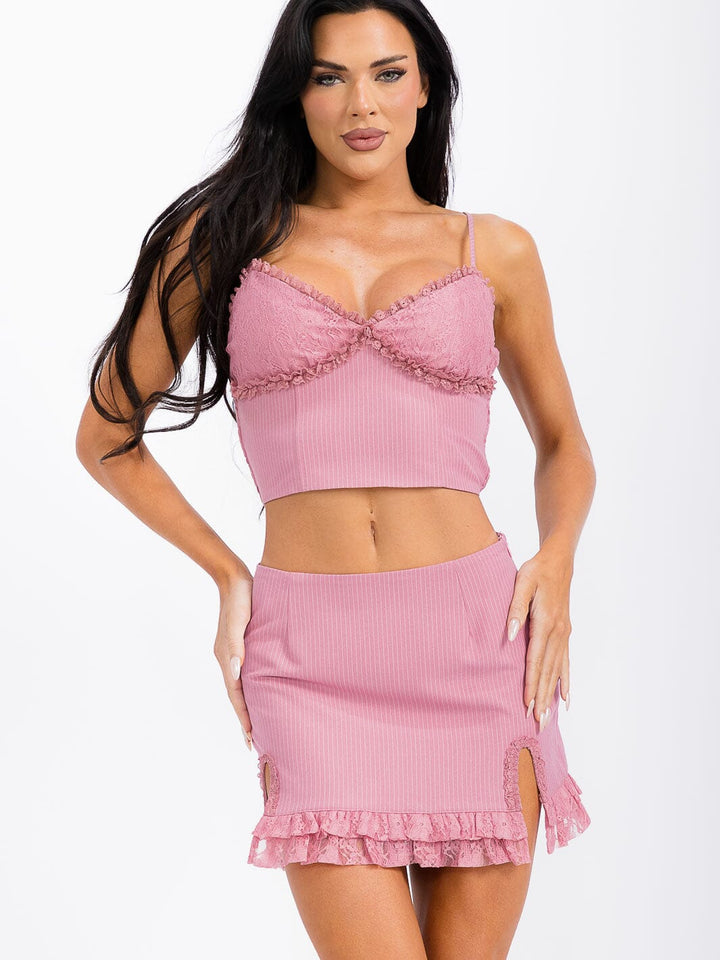 WOMEN'S SLEEVELESS SMOCK TOP & RUFFLE SLIT MINI SKIRT STRIPES 2PC. SET