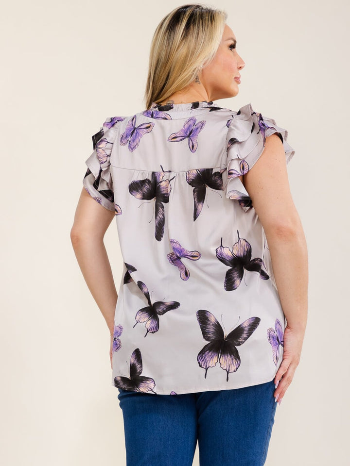 PLUS SIZE SHORT SLEEVE V-NECK RUFFLE BUTTERFLY PRINT BLOUSE