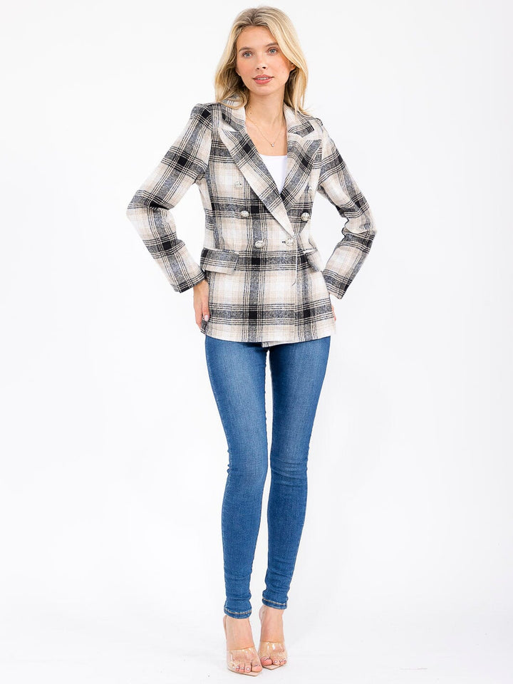 WOMEN'S LONG SLEEVE BUTTON CLOSURE FRONT POCKETS PLAID BLAZER