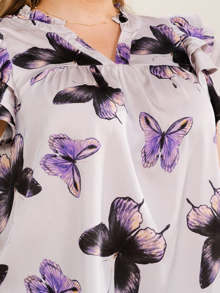 PLUS SIZE SHORT SLEEVE V-NECK RUFFLE BUTTERFLY PRINT BLOUSE