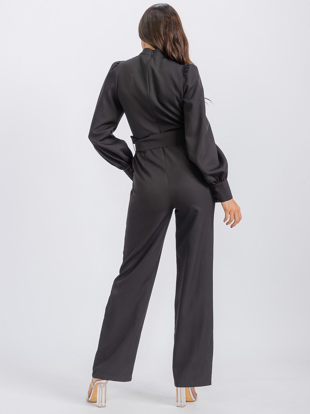 WOMEN'S LONG SLEEVE POCKETS CUT OUT BELTED WIDE LEG JUMPSUIT