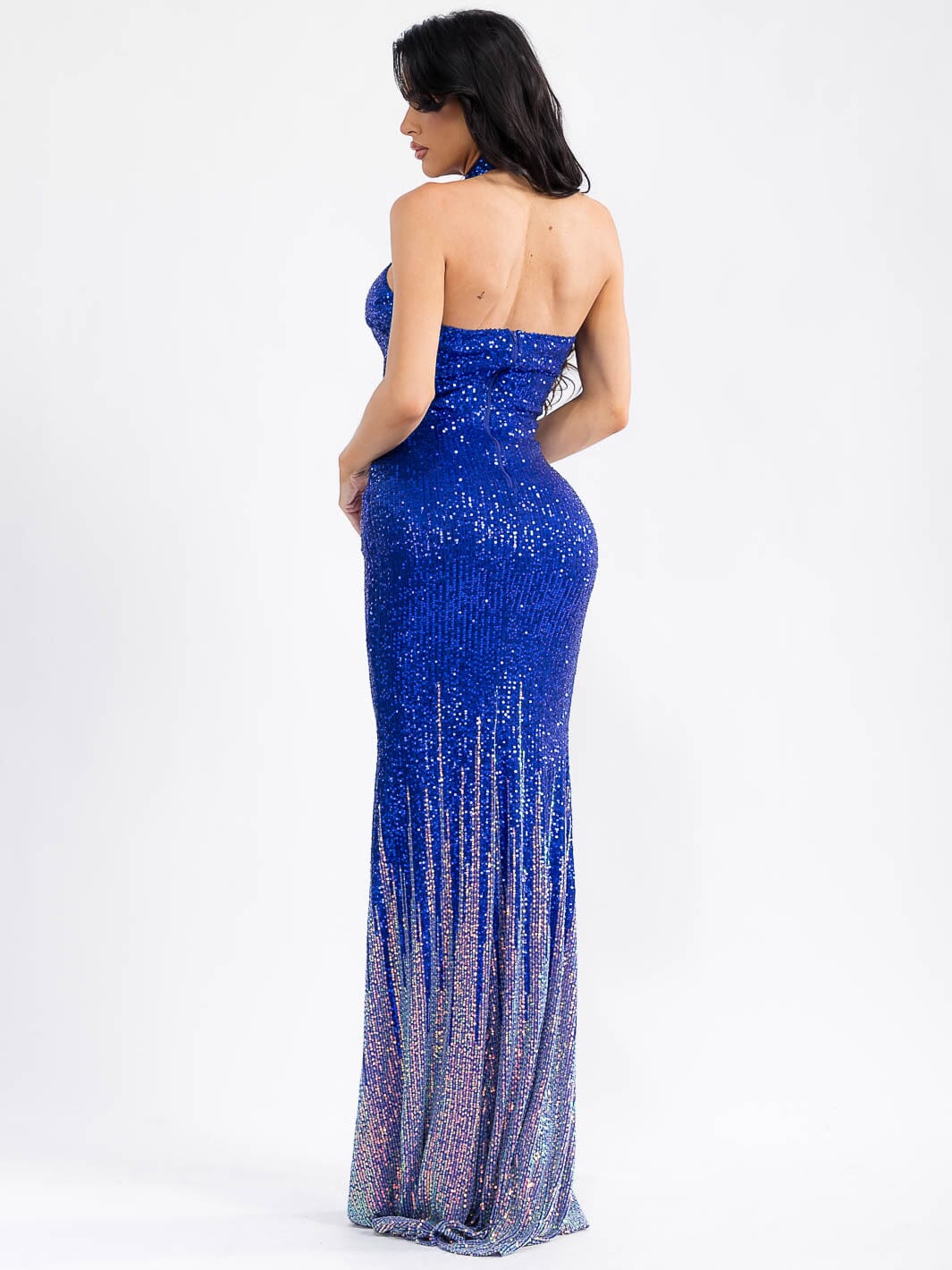 WOMEN'S SLEEVELESS CUT OUT HALTER NECK MULTI SEQUINS BODYCON MAXI DRESS