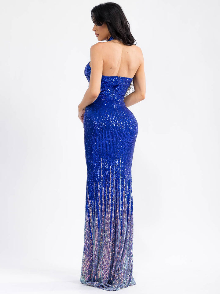 WOMEN'S SLEEVELESS CUT OUT HALTER NECK MULTI SEQUINS BODYCON MAXI DRESS