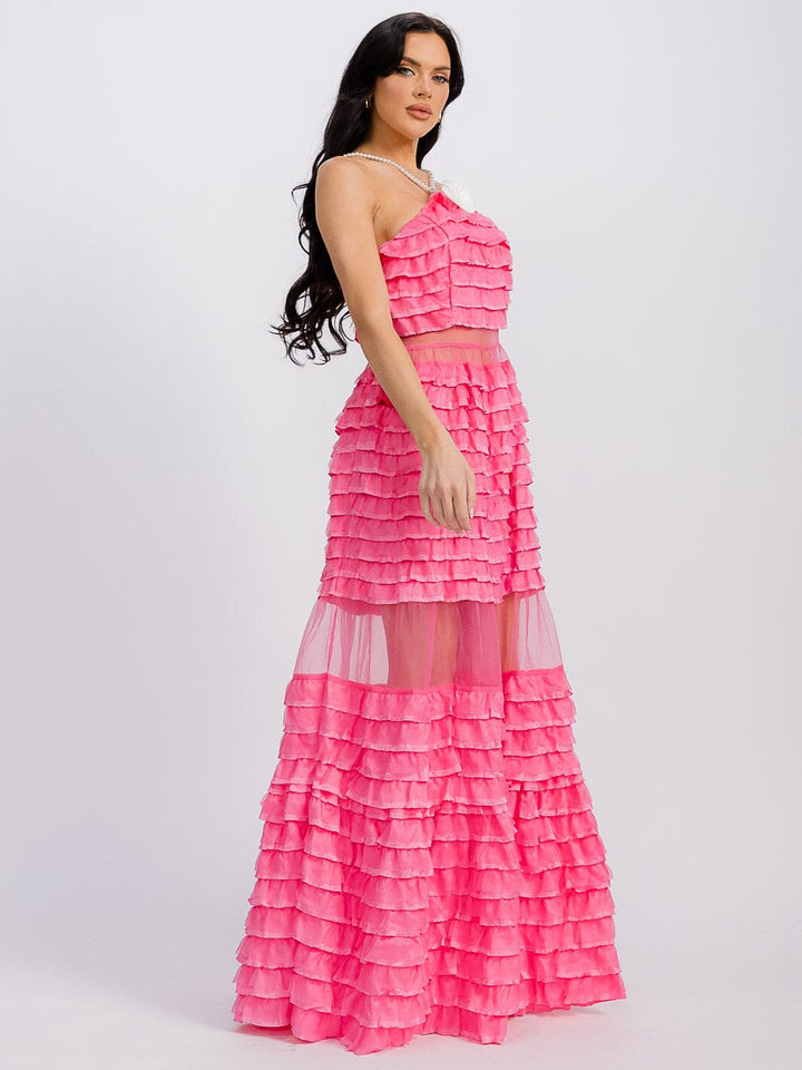 WOMEN'S SLEEVELESS RUFFLE TIERED FLOWER DETAILED MAXI DRESS