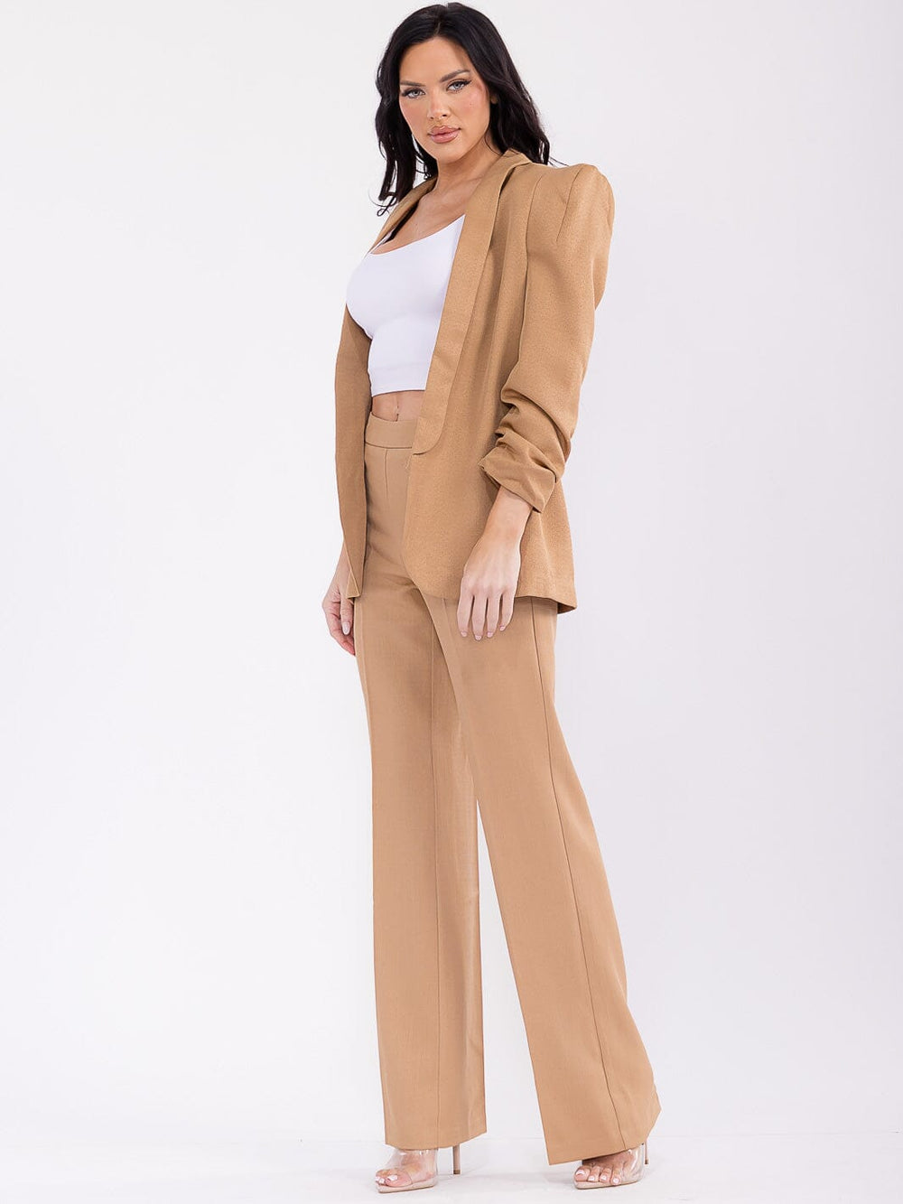 WOMEN'S LONG RUCHED SLEEVE OPEN FRONT BLAZER