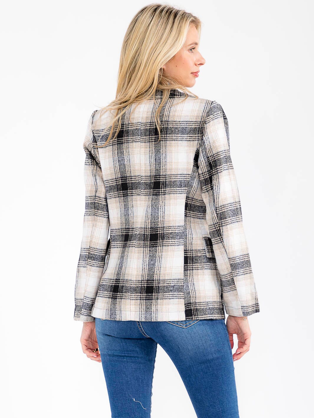 WOMEN'S LONG SLEEVE BUTTON CLOSURE FRONT POCKETS PLAID BLAZER