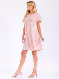 WOMEN'S SHORT SLEEVE LOOSE FIT TRIM DETAILED SWISS MINI DRESS