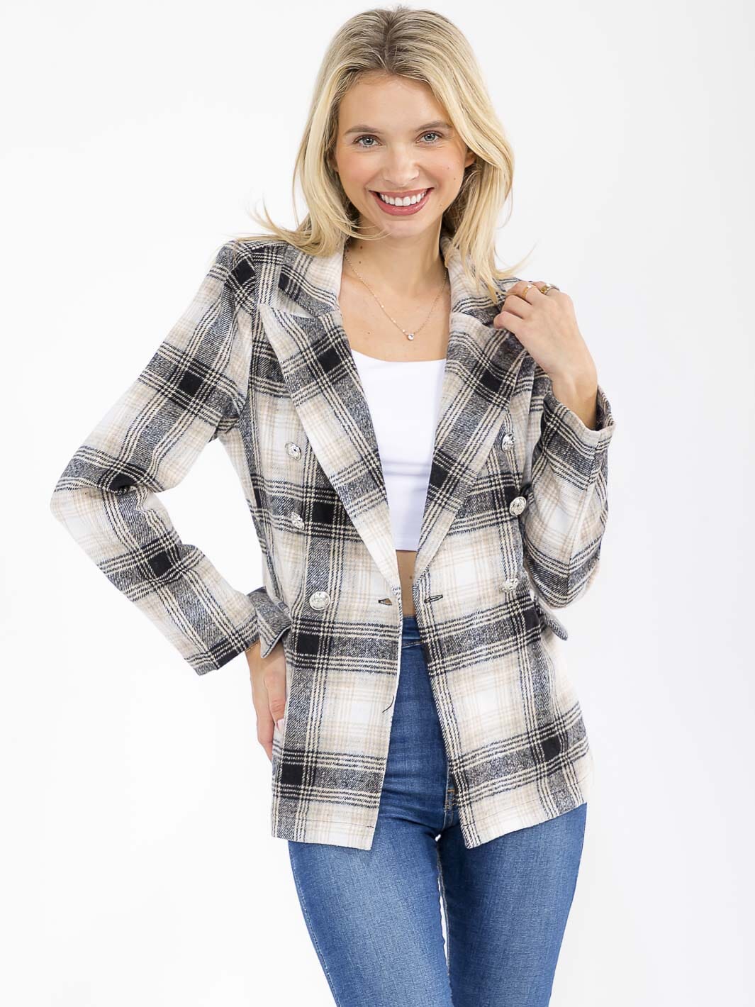 WOMEN'S LONG SLEEVE BUTTON CLOSURE FRONT POCKETS PLAID BLAZER