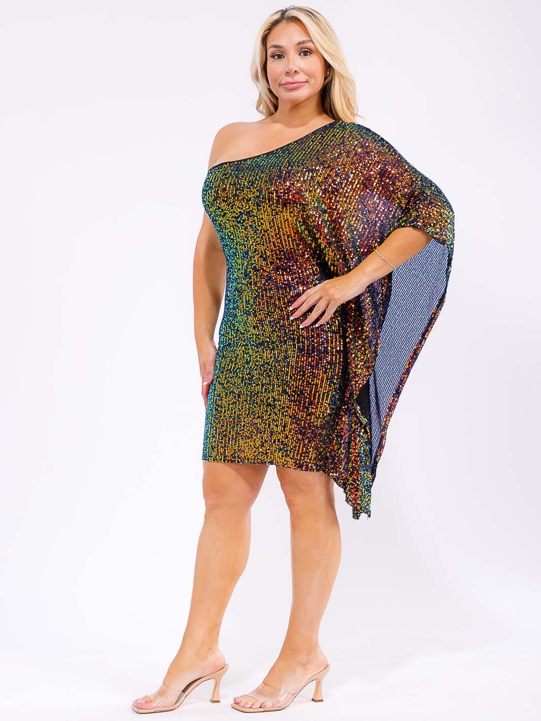 PLUS SIZE ONE SHOULDER BODYCON SEQUINS MIDI DRESS