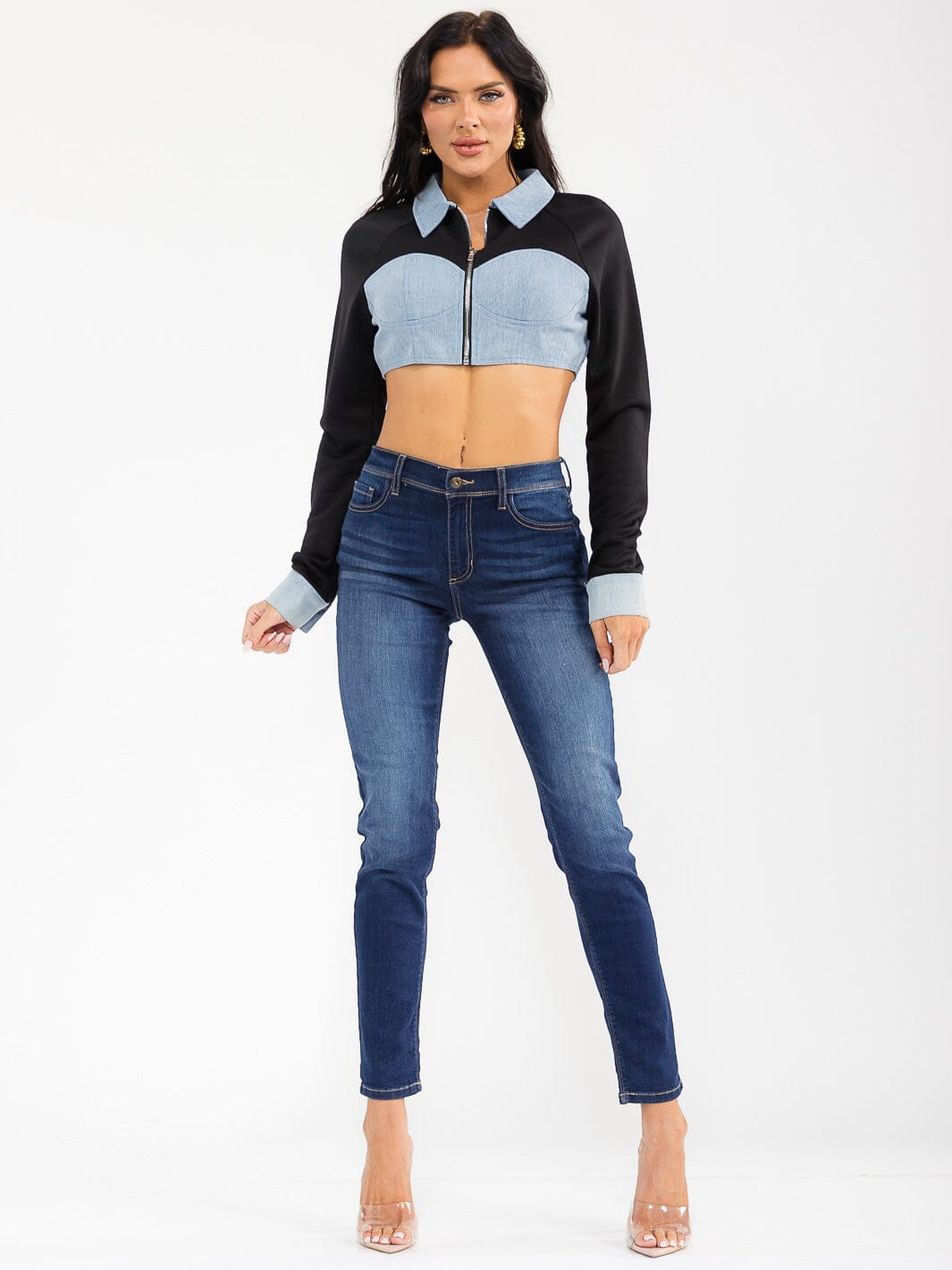 WOMEN'S LONG SLEEVE ZIP UP DENIM CONTRAST CROP JACKET