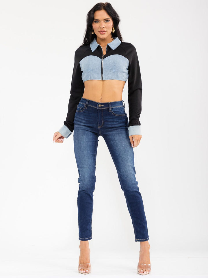 WOMEN'S LONG SLEEVE ZIP UP DENIM CONTRAST CROP JACKET