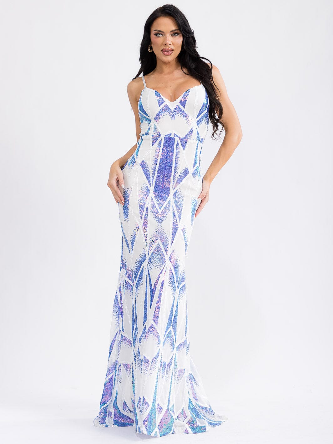 WOMEN'S SLEEVELESS V-NECK SEQUINS BODYCON MAXI DRESS