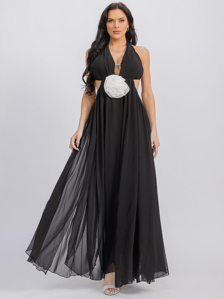 WOMEN'S SLEEVELESS OPEN BACK FLOWER DETAILED MAXI DRESS