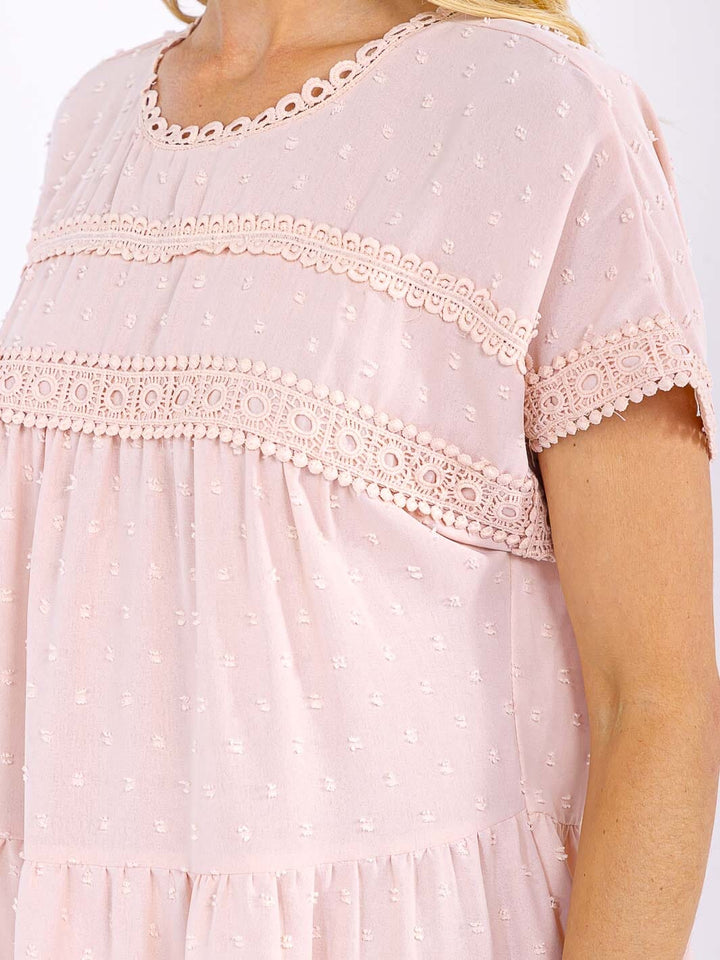 WOMEN'S SHORT SLEEVE LOOSE FIT TRIM DETAILED SWISS MINI DRESS