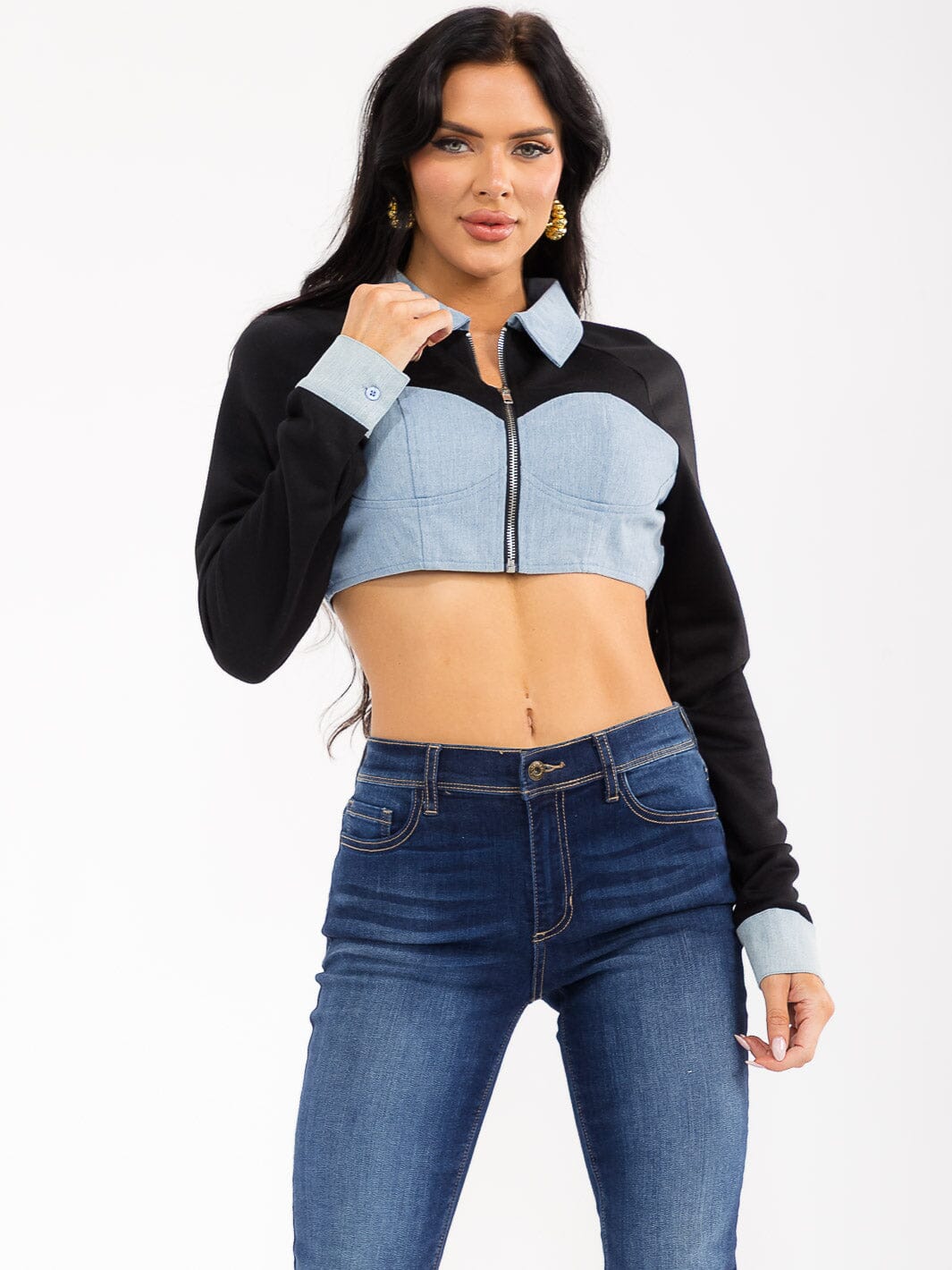 WOMEN'S LONG SLEEVE ZIP UP DENIM CONTRAST CROP JACKET