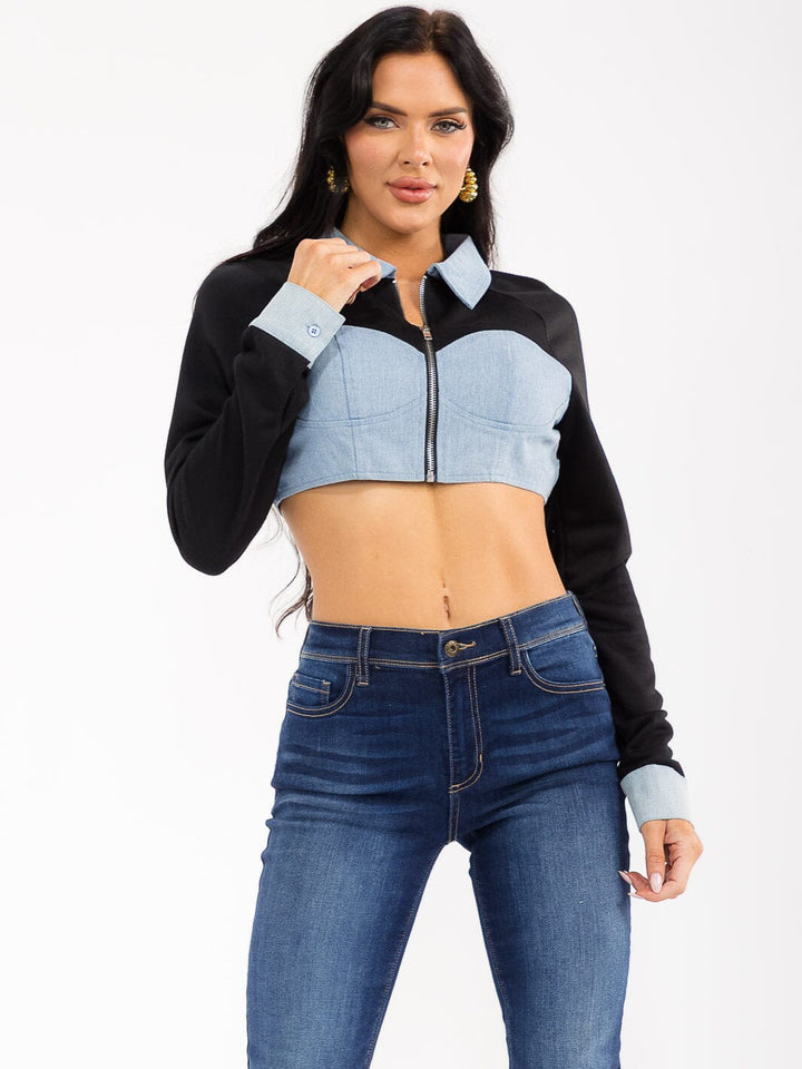 WOMEN'S LONG SLEEVE ZIP UP DENIM CONTRAST CROP JACKET